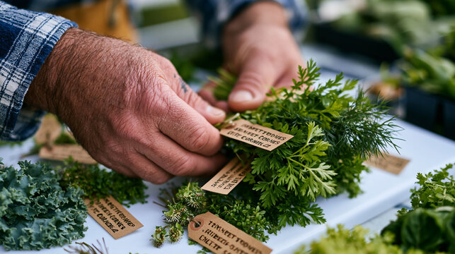 Farmer's market vendor close up hands bundling freshly harvested micro-herbs grown within city limits, small paper tags listing exact street-corner origin, hyperlocal food provenance, farm-to-table 