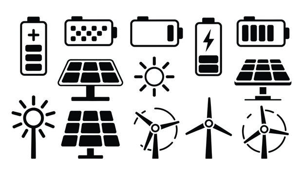 Pixel art solar energy icons set, wind turbines, batteries and sun power elements, renewable electricity technology vector illustration