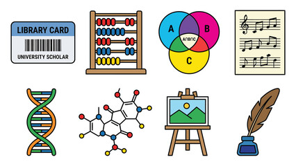 Fototapeta premium Educational icons representing various fields of study, including library, math, science, music, art, and writing.