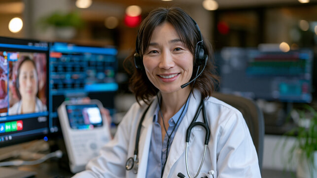 Nephrologist conducting telehealth video visit with home dialysis patient who holds up compact machine display showing overnight ultrafiltration volume, remote monitoring dashboard on physician work