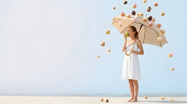 Young woman in white dress holding umbrella to block cupcake rain while eating a green apple, healthy food choice and willpower concept
