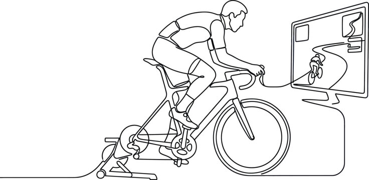 Cyclist Training Indoors on Stationary Bike Watching Virtual Race on Screen