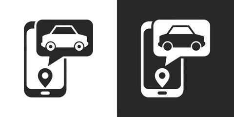 Smartphone icon with car speech bubble and location pin, ride sharing app symbol, online taxi booking and vehicle tracking vector illustration. © Ayat04