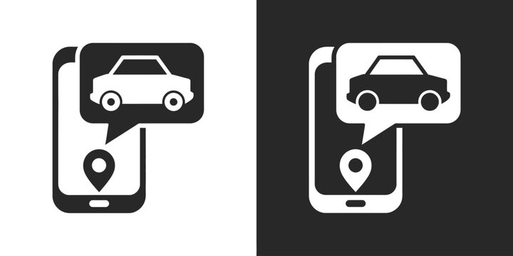 Smartphone icon with car speech bubble and location pin, ride sharing app symbol, online taxi booking and vehicle tracking vector illustration.
