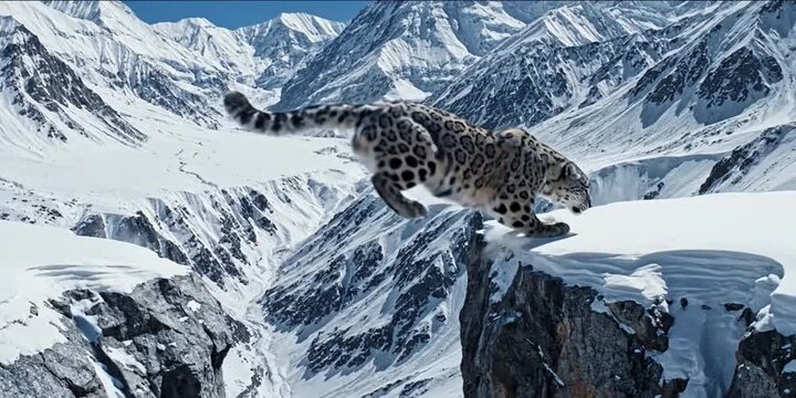 A majestic snow leopard leaps across a snowy chasm in the rugged Himalayas, showcasing incredible agility and power.