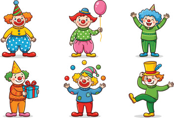 Fototapeta premium Cute Colorful Clown Character Set with Balloon, Gift, Juggling Balls, and Fun Poses for Circus and Party Illustrations