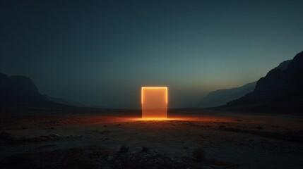 Fototapeta premium Desert expanse glows with mysterious, radiant light. Single glowing cube stands as solitary beacon in vastness. Mountains loom dark, framing the surreal, radiant presence. No people, no animals