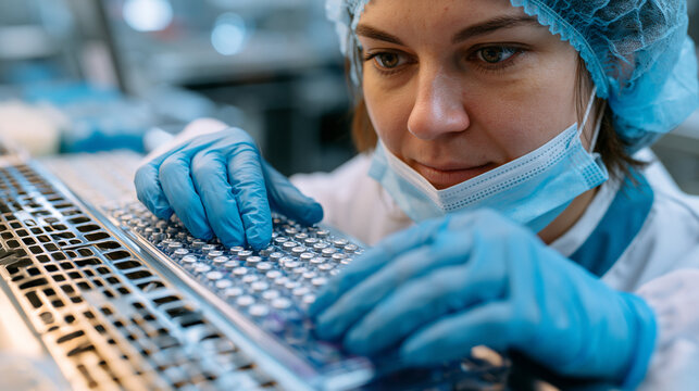 Oncology pharmacist preparing ultrasound pill targeted therapy capsules inside laminar flow biosafety cabinet in hospital compounding cleanroom, acoustic triggered drug delivery devices aligned in s