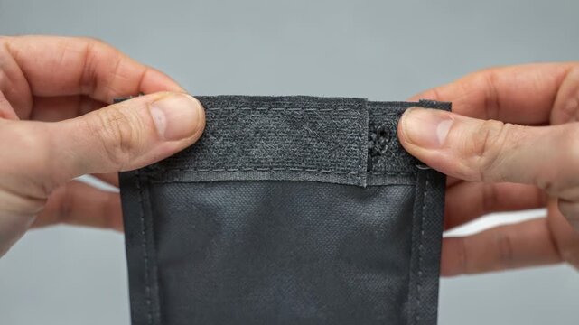 Footage of hands securing a hookandloop fastener onto a pouch showing detailed craftsmanship and innovative reclosable packaging solutions.