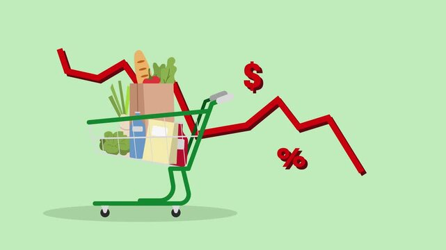 Grocery with falling red arrow chart chart and shopping cart, decreased purchasing power due to high prices of basic necessities.
