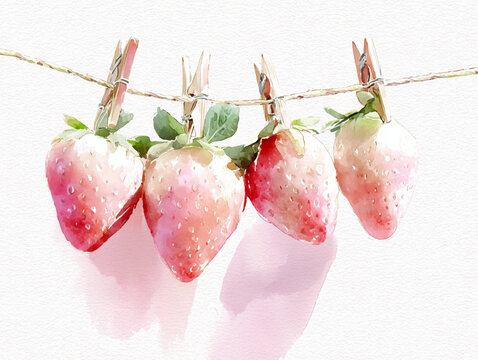 Watercolor strawberries hung on a rope and pinned with clothespins