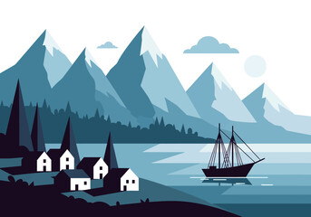 Flat Vector Illustration of a Scenic Mountain Village with Sailboat, Snowy Peaks, and Coastal Forest in Blue and White Minimalist Style © Chrish