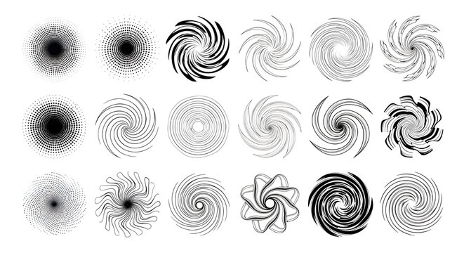 Abstract spiral swirl icons set, 18 black geometric vortex shapes on white background, circular radial motion design elements for logos and branding