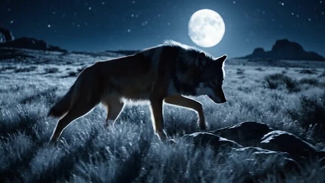 Maned wolf strides through moonlit wilderness under a starry night sky