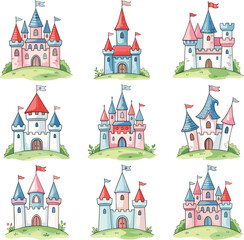 Watercolor Fairy Tale Castle Set with Colorful Towers, Flags, and Gates for Fantasy Kingdom and Princess Story Illustrations © Mifta