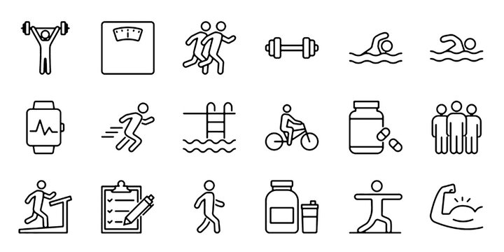 A set of icons related to gyms, fitness, and weight training. 
