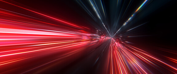 Abstract cyber technology background with dynamic fast perspective speed lines. Sci-fi neon light streaks and chromatic aberration for banner or design element. © Ilia_Levchenko