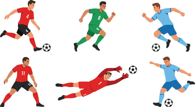 Male Soccer Player Character Set in Colorful Uniforms Kicking, Running, Defending, and Goalkeeping in Dynamic Action Poses
