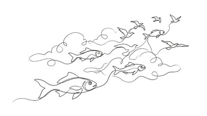 Floating Fish Among Clouds and Birds – Continuous One Line Surreal Freedom Illustration © Deshan