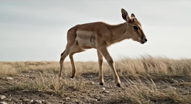 A young saiga antelope calf takes its first wobbly steps across a dry, grassy landscape under a bright sky