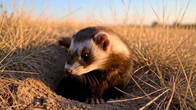 Black-Footed Ferret Emerges From Its Burrow at Sunrise in a Golden Grassy Field