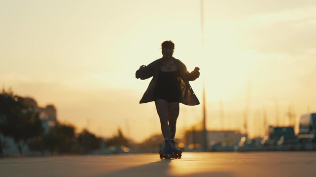 Silhouette of a woman roller skating during sunset