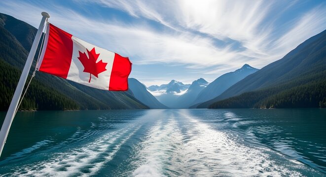 Canadian flag waving on boat journey through scenic mountain lake at sunrise
