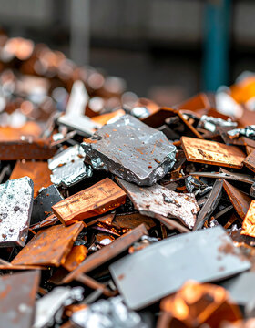 Mixed metal scrap pieces in industrial setting, rough textures of steel, copper and aluminum, sustainability and recycling concept. Close-up.
