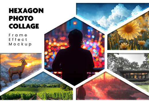 Hexagon Photo Collage Frame Effect Mockup