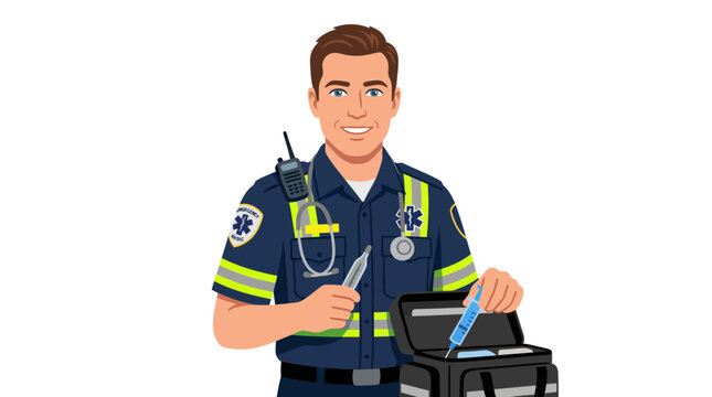 A smiling cartoon police officer holding a pen and radio with a friendly expression on a plain background.