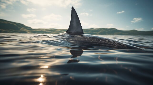 A photo of a shark's dorsal fin above water