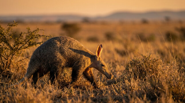 Aardvark walking through dry grass in the African savanna at sunset