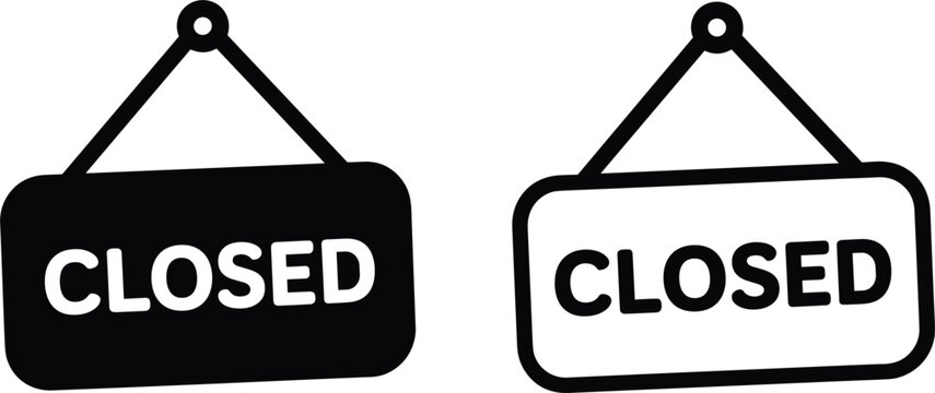 Hanging closed sign board outline and solid silhouette set, storefront business retail concept vector