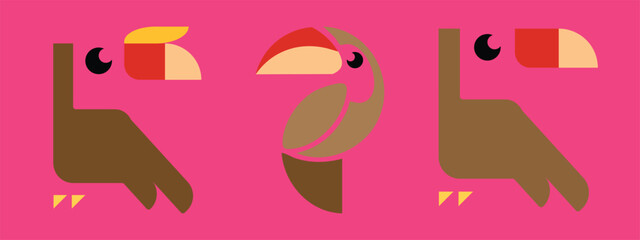Creative geometric hornbill and toucan bird illustration set featuring minimalist tropical bird characters in flat modern design. Decorative vector-inspired artwork with bold shapes and vibrant beak c © sofian