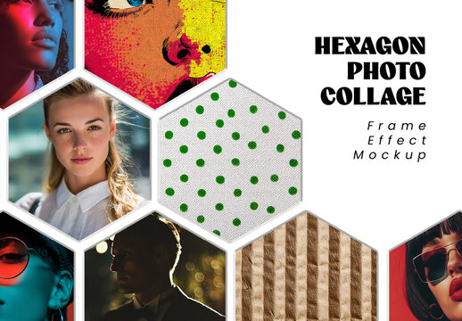 Hexagon Photo Collage Frame Effect Mockup