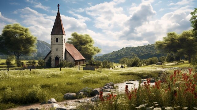 A photo of a small church in the countryside.