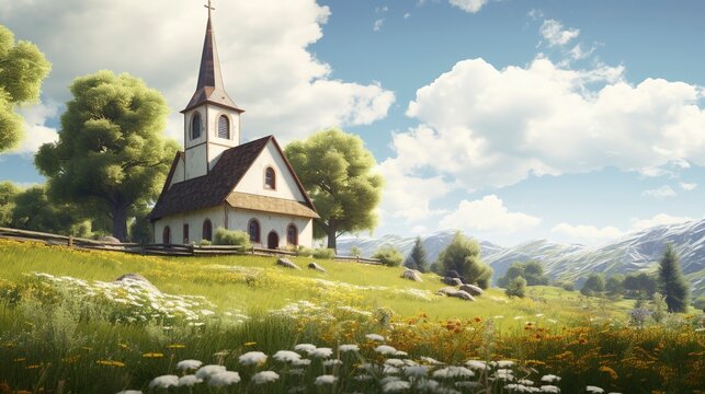 A photo of a small church in the countryside.