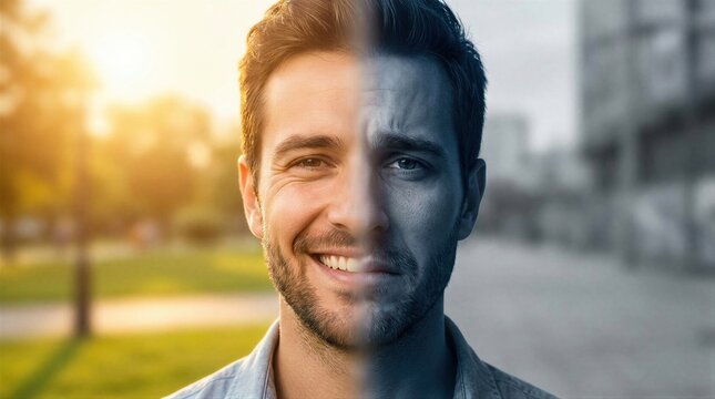 Man with split face showing happy and sad emotion. Concept of mental health, duality of personality and bipolar disorder. Psychological state, inner conflict and emotional well-being.