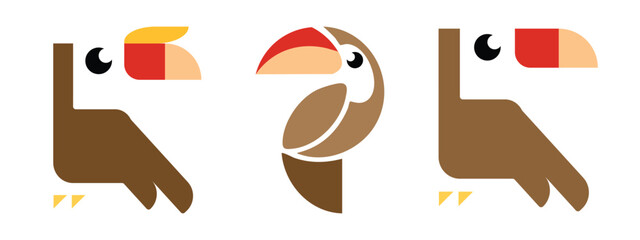 Creative geometric hornbill and toucan bird illustration set featuring minimalist tropical bird characters in flat modern design. Decorative vector-inspired artwork with bold shapes and vibrant beak c © sofian
