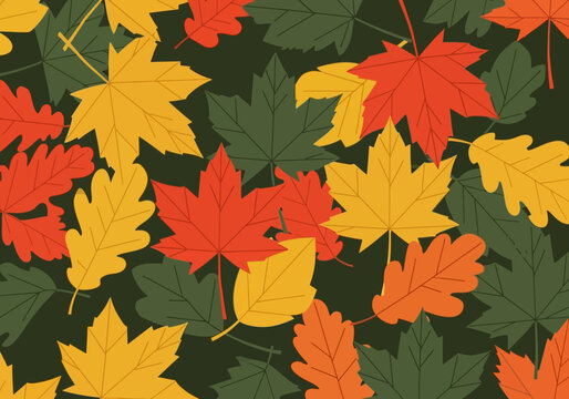 Autumn Leaves Pattern Vector Illustration with Colorful Maple and Oak Foliage on Dark Background