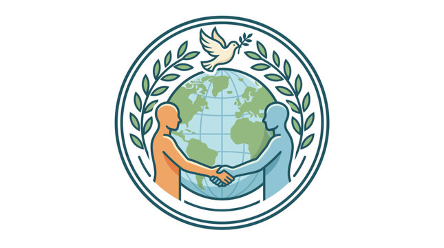 Illustration of two people shaking hands in front of a globe with a dove and laurel leaves on a white background.