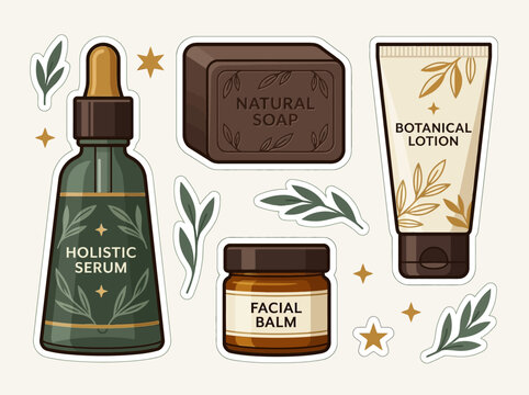 Natural Skincare Products Set - Holistic Serum, Botanical Lotion, Facial Balm and Organic Soap Vector Illustration Stickers