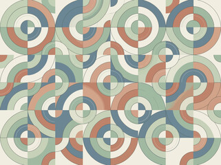 Fototapeta premium Retro Mid-Century Modern Geometric Pattern with Abstract Circles and Shapes in Muted Earth Tones