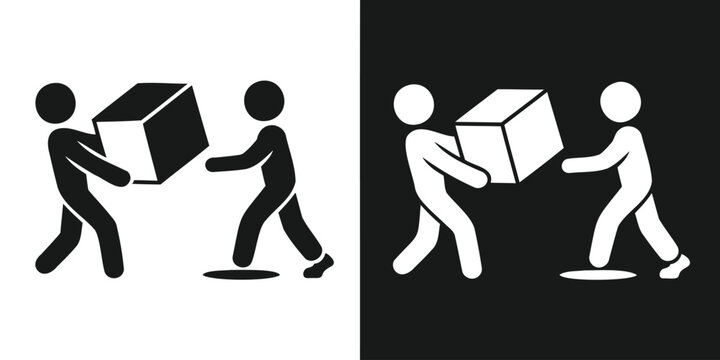 Delivery person icon showing package handover to customer, successful shipping, courier service, e-commerce order receiving transaction vector illustration.