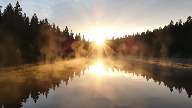 Morning sunrays pierce through mist over a calm lake with forest reflections