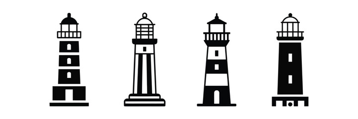 Lighthouse icon vector set featuring shore light beacon and isolated silhouette designs for navigation and coastal themes © MD MILON