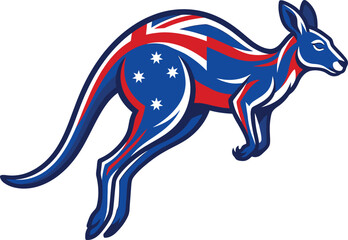 Obraz premium A stylized leaping kangaroo rendering featuring the iconic blue and red Australian national flag layout design.