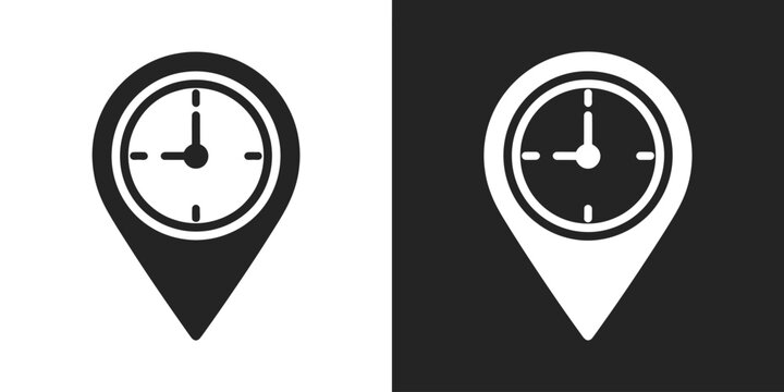 Vector map pin icon with clock face symbol, black and white flat minimalist design for location time, opening hours, schedule tracking and delivery ETA illustration.