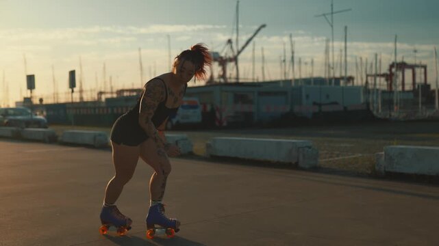 Tattooed woman performing a roller skate jump spin at sunset