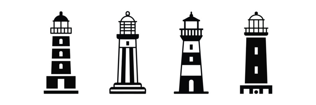 Lighthouse icon vector set featuring shore light beacon and isolated silhouette designs for navigation and coastal themes